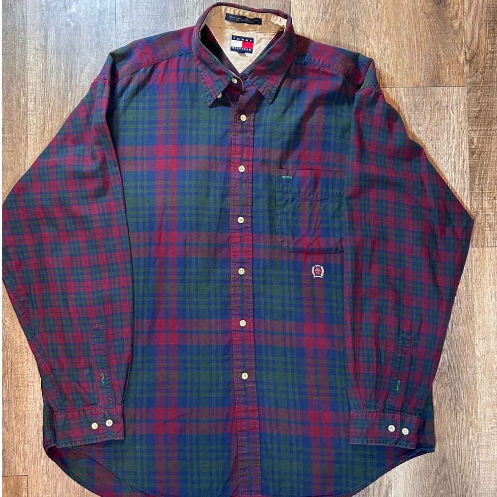 Vintage 90's Tommy Hilfiger Flannel Shirt XL Mens Plaid Button Down Polo Red